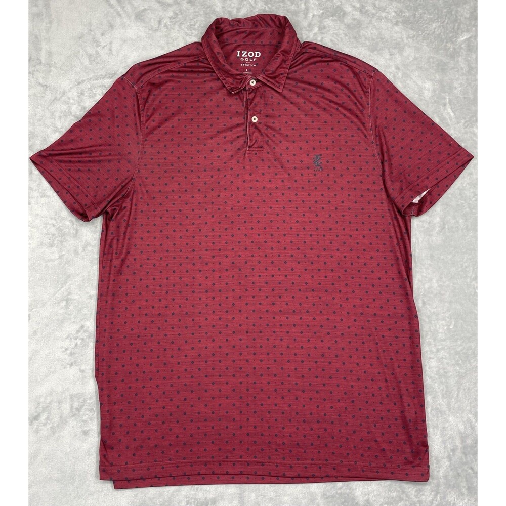 IZOD Golf With Stretch Men's Polo L Maroon All Over Print Logo Short Sleeve